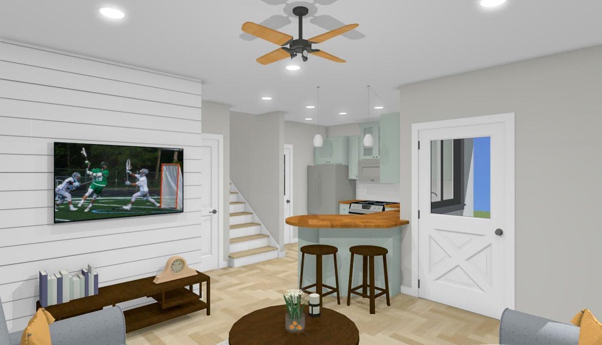 Interior rendering of a living area with shiplap wall, TV, kitchen with island, and stairs leading to the next level.