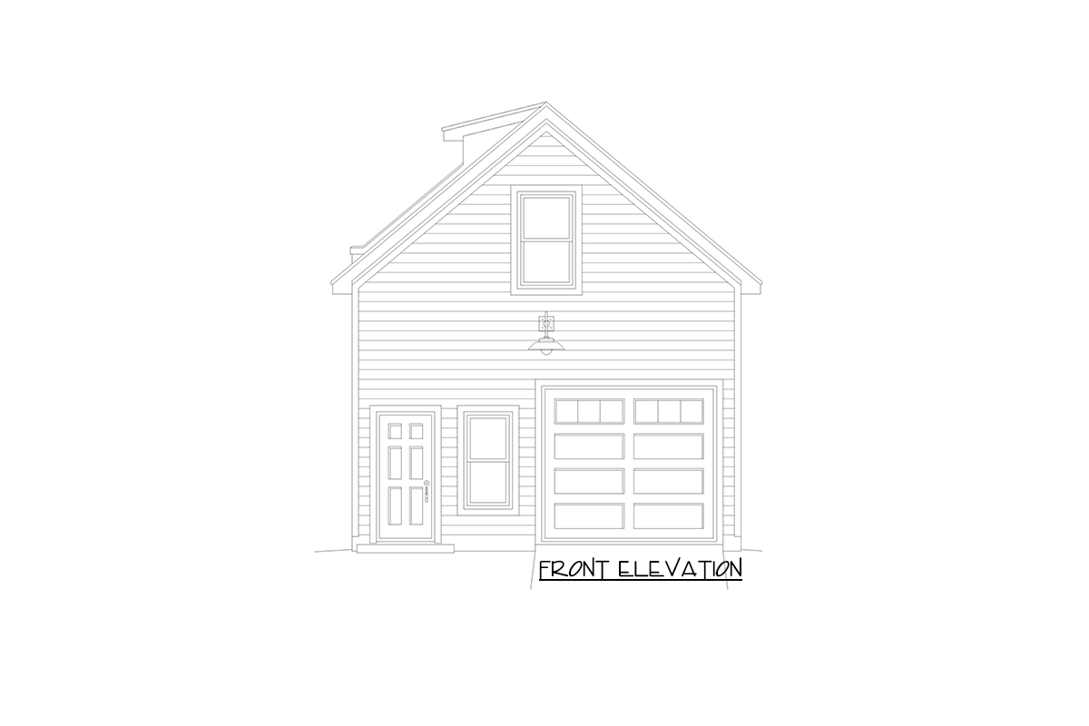 Front elevation drawing of a two-story house plan with siding, a garage, and a front door.