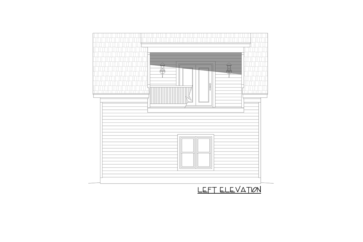 Left elevation house plan drawing showing a second-story balcony with double doors and a window below.
