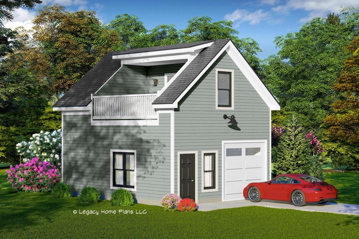 House plan exterior with two stories, gabled roof, balcony, and attached garage. A red sports car sits in the driveway.