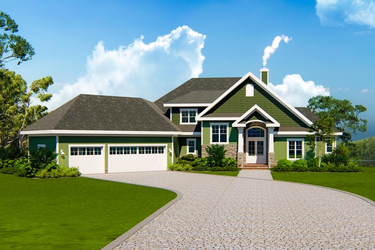 House plan exterior. Two-story home with Craftsman style elements. Features include gable roof, attached garage, and stone accents at the entryway.