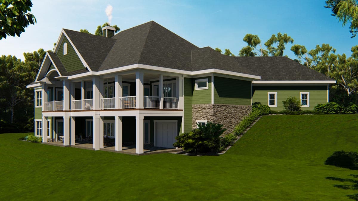 House plan exterior: Two-story home with multiple porches, gables, dormers, stone foundation, and side-entry garage.