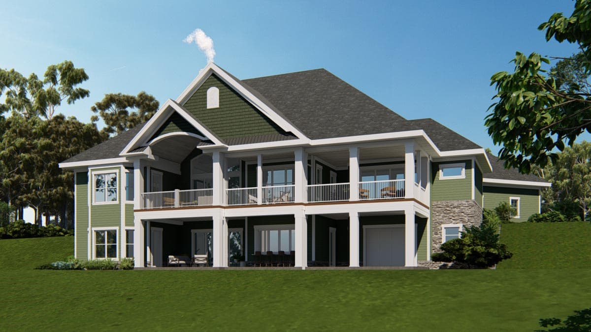 House plan exterior of a two-story home with multiple porches, gables, dormers, and stone accents.