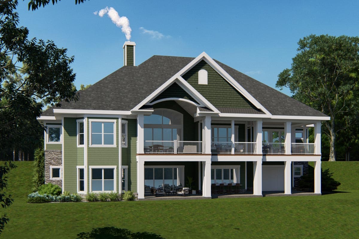 House plan exterior: Two-story modern farmhouse with stone accents, prominent gables, wraparound porch, and large windows.
