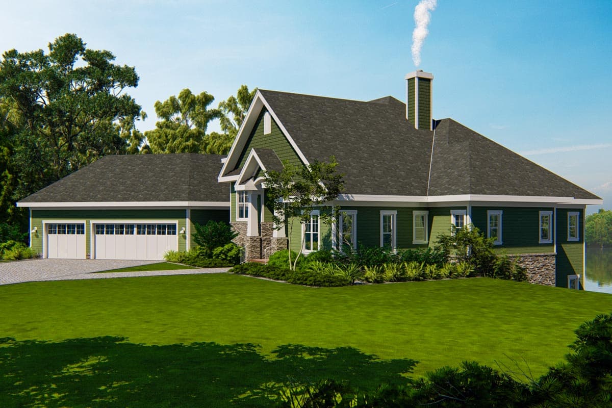 House plan exterior with gambrel roof, stone accents, prominent chimney, and a three-car garage.