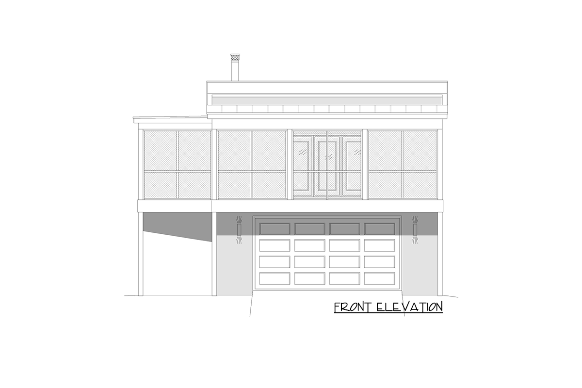 Front elevation drawing of a two-story house with a two-car garage, screened porch, and double doors.