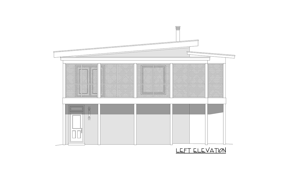 Left elevation drawing of a two-story house with a screened upper porch, a front door, and an open lower level.