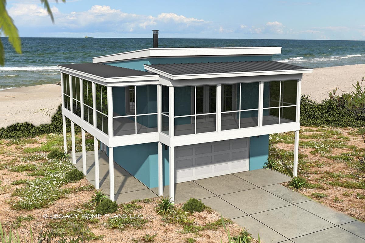 House plan exterior with two stories and flat roof. Features include an elevated screened porch, a garage, and an ocean view.
