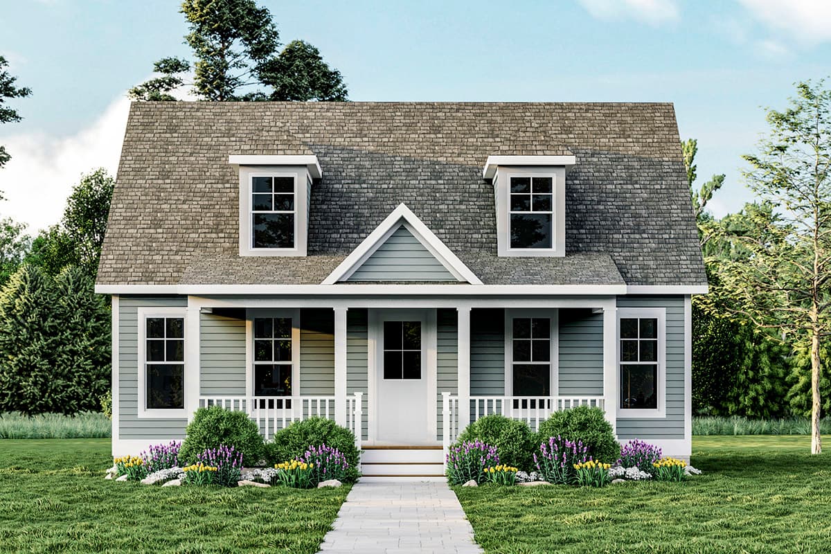 House plan exterior: Two-story cottage style with a prominent gable over the entry porch and two dormer windows.