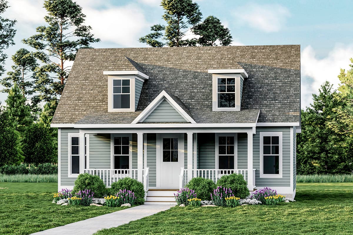 House plan exterior: Two-story cottage style with front porch, gables, and dormer windows.