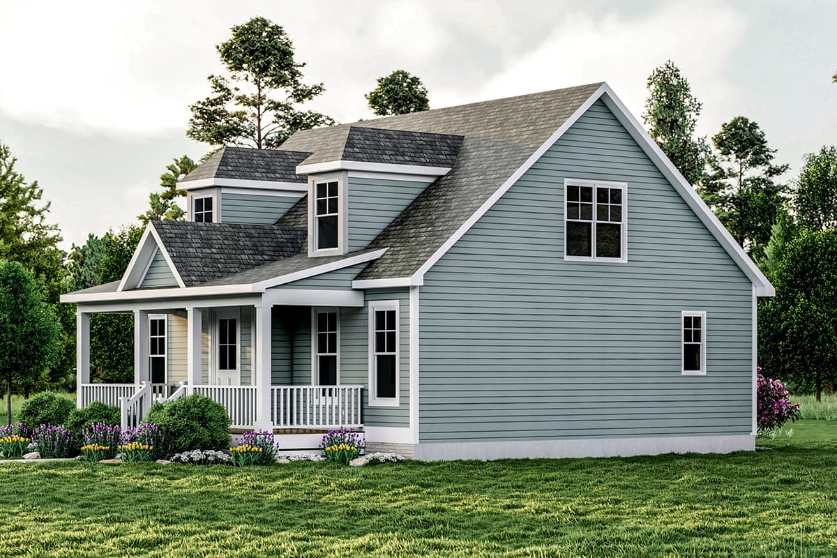 House plan exterior: Two-story Modern Farmhouse with covered front porch, gabled dormers, and horizontal siding.