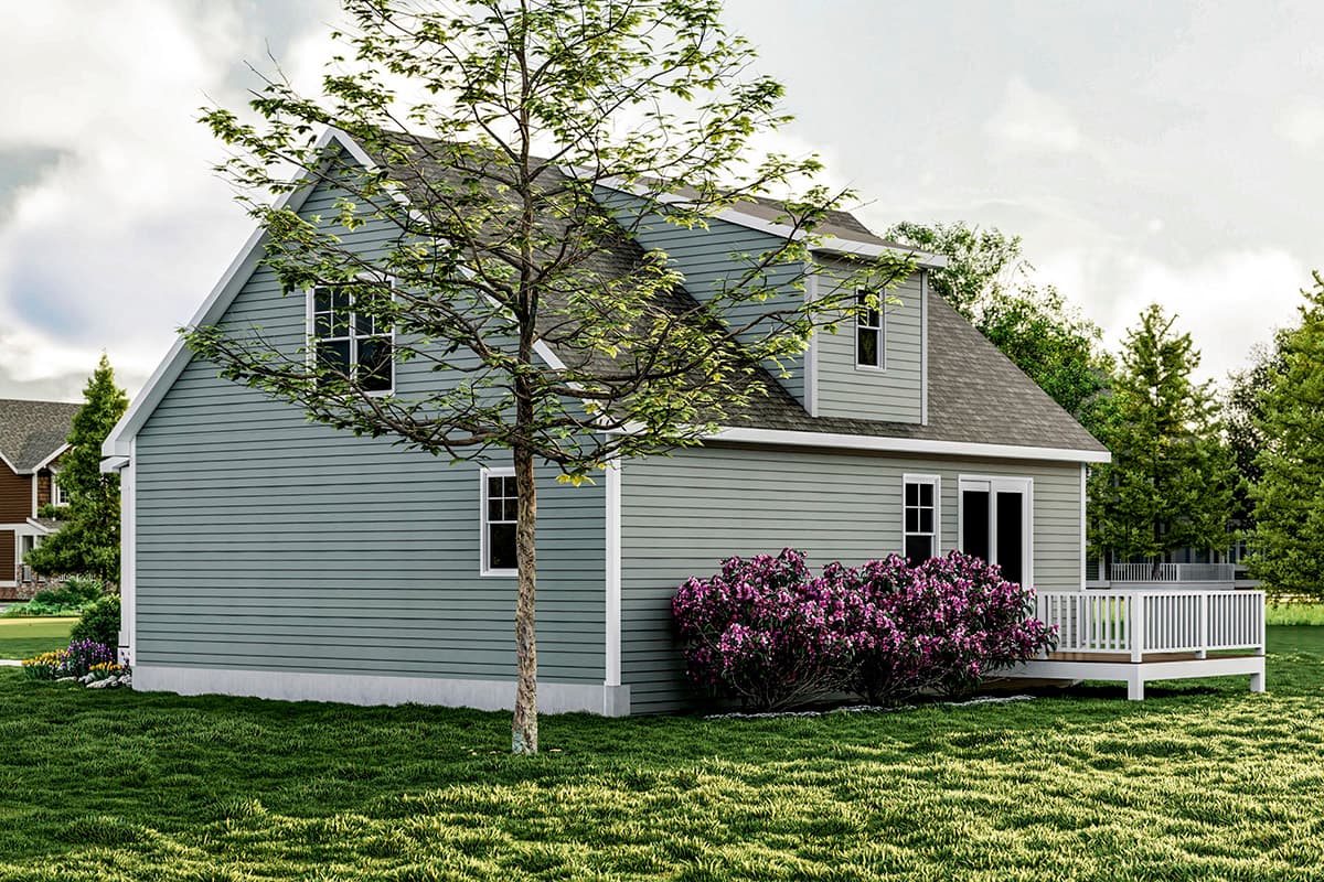 House plan exterior rendering showing a two-story Modern Farmhouse with a gable roof, dormer, and a rear deck.