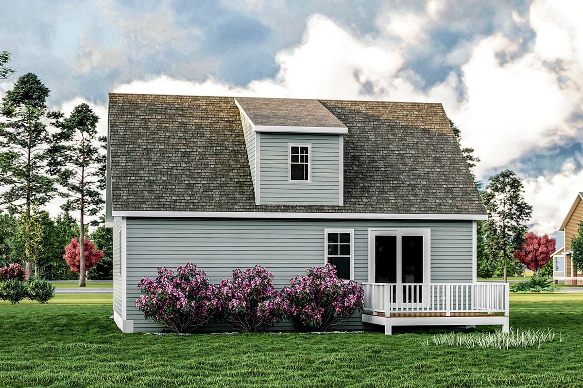 House plan exterior: Two-story home with a prominent dormer, lap siding, a pitched roof, and a small front deck with white railings.