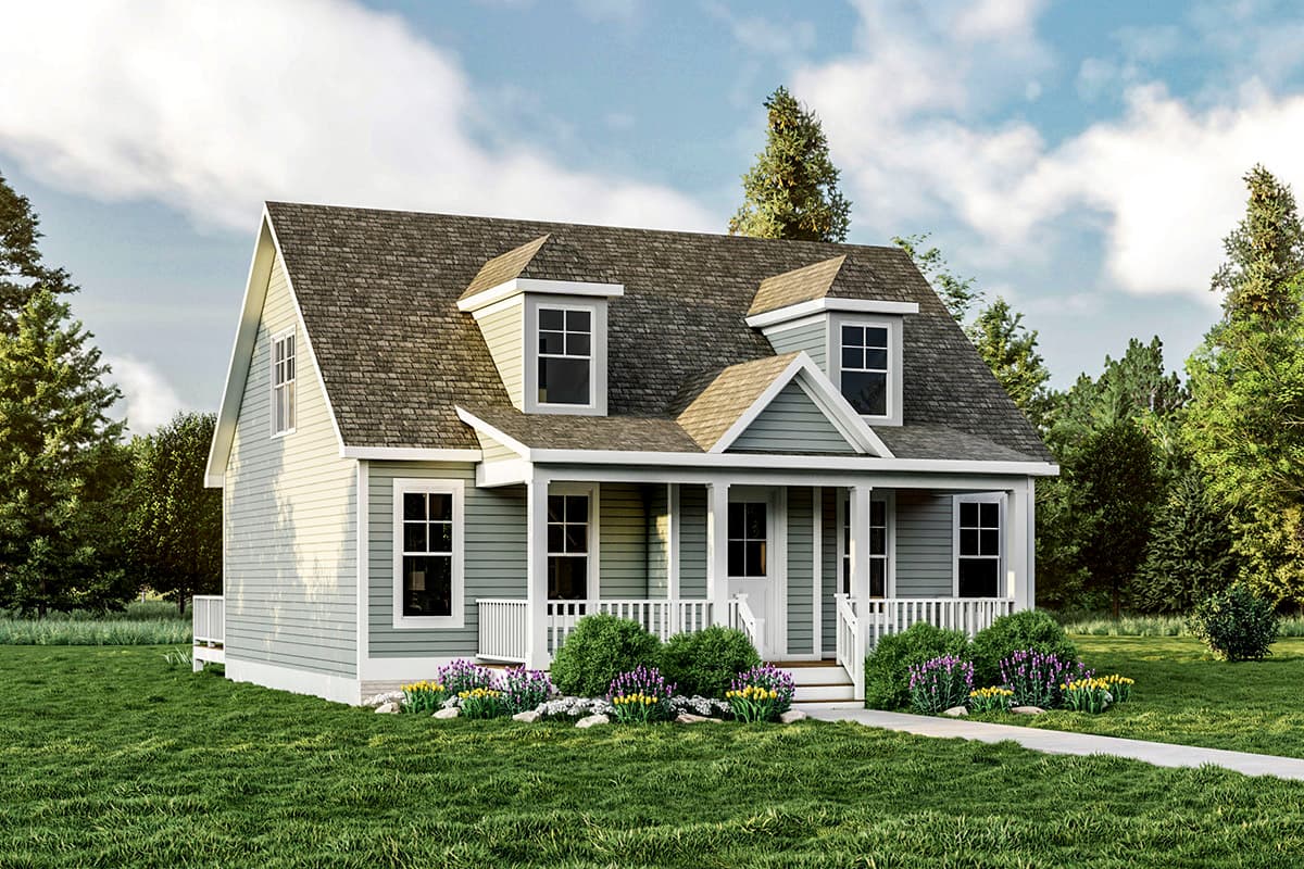 House plan exterior. Two-story cottage style home with gabled roof, dormers, and a front porch with white railing and columns.