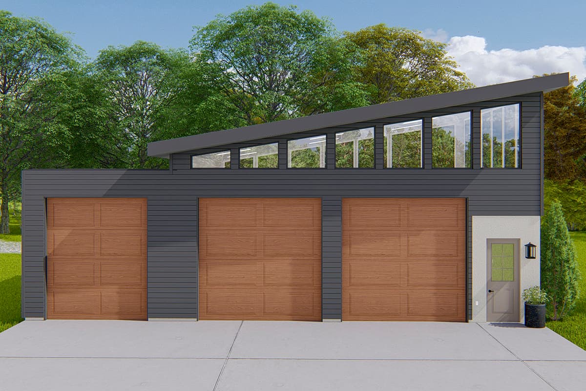 Modern house plan exterior with three-car garage, clerestory windows, and a shed roof. Includes a side entrance with small porch and pot.