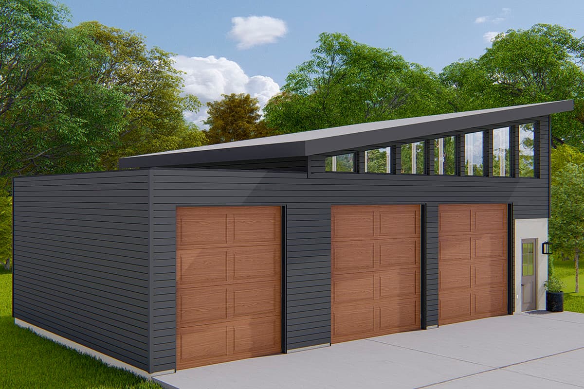 Modern garage plan with three wood-grain doors and a slanted roofline featuring clerestory windows.