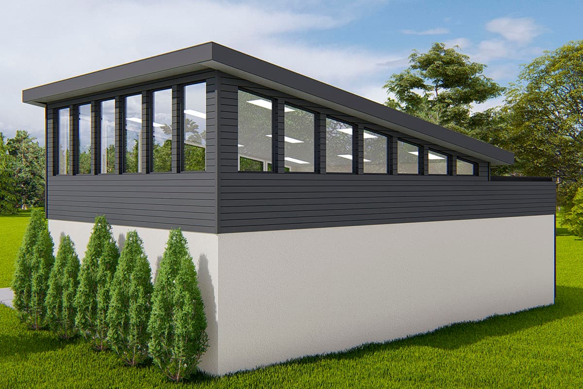 Modern house plan exterior with a sloped roofline, horizontal siding, and clerestory windows.