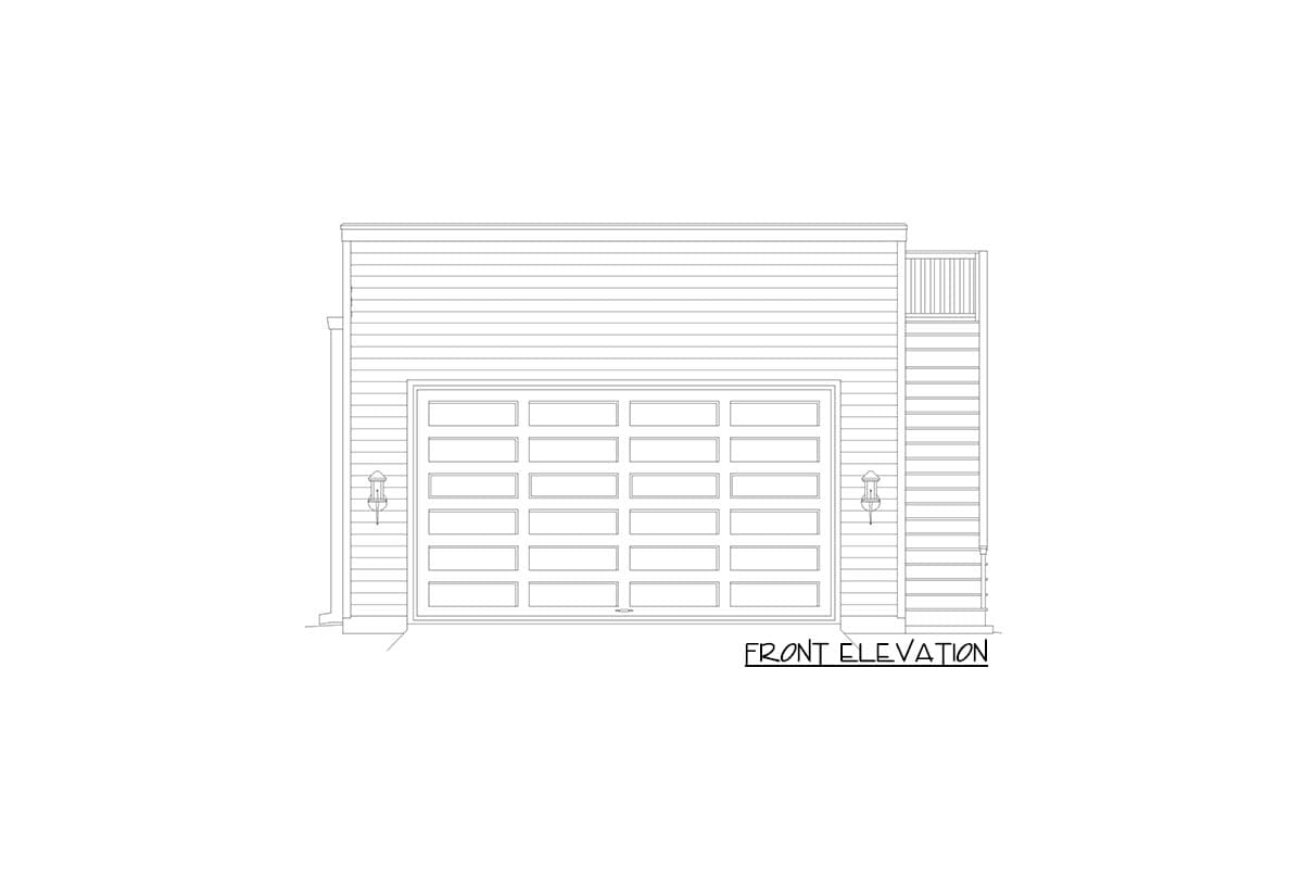Front elevation drawing of a house with a two-car garage, horizontal siding, and exterior lights.
