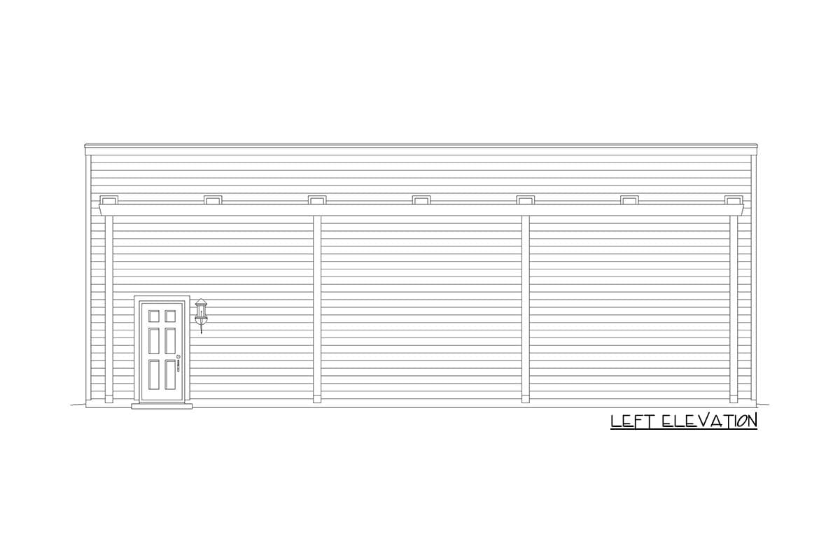 Left elevation of a house plan showing horizontal siding, a double front door, and three garage doors.