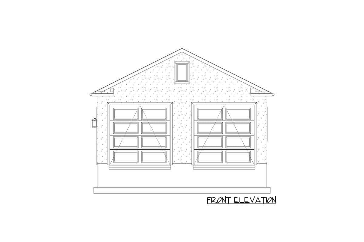 Front elevation drawing of a garage with two multi-pane overhead doors and a central gable dormer.
