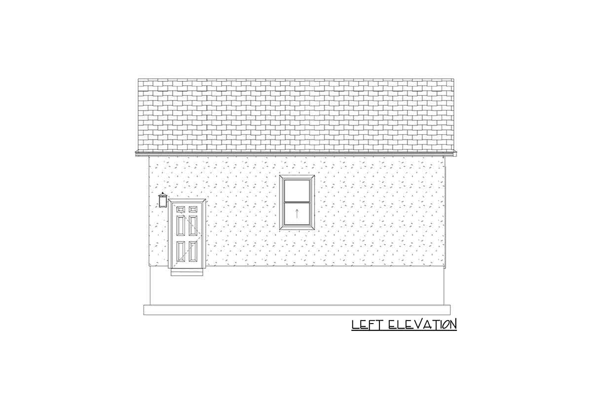 Left elevation house plan showing a shingled roof, door with sidelights, a single window, and textured siding.