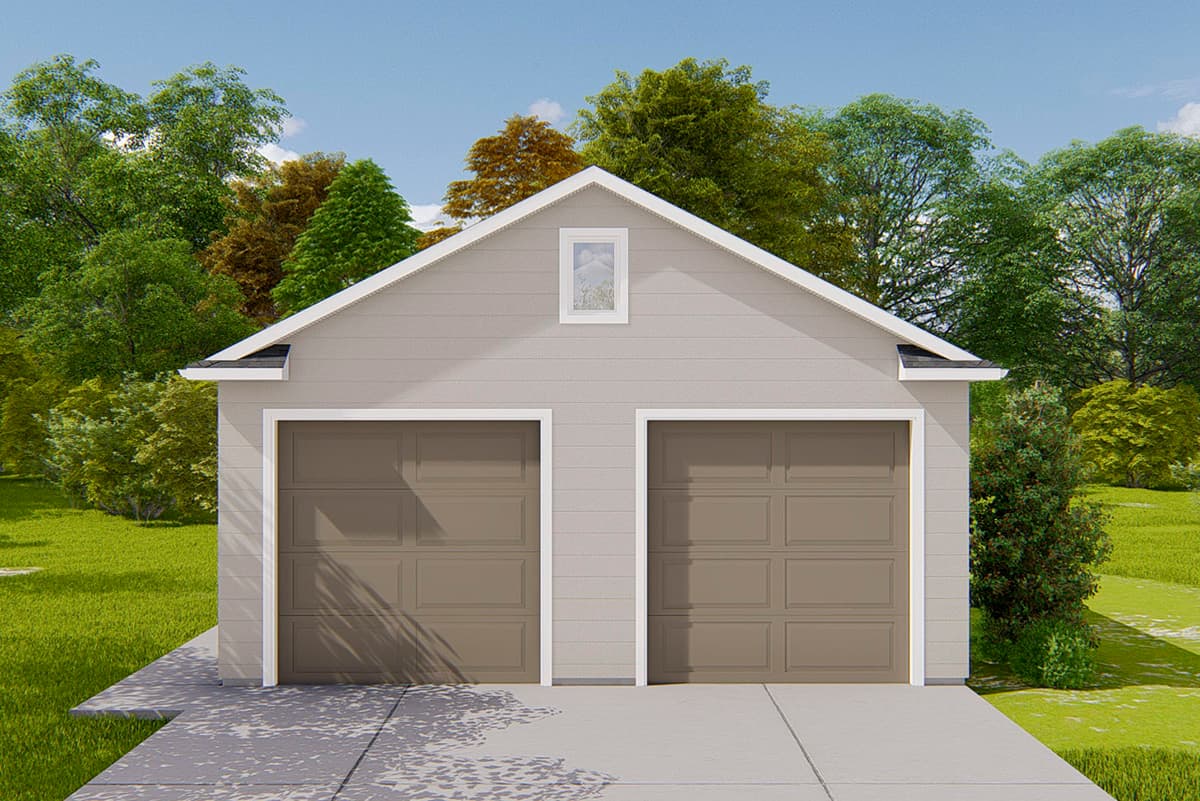 House plan exterior. Two-car garage with gabled roof, small upper window, and light siding. Simple trim and concrete driveway.