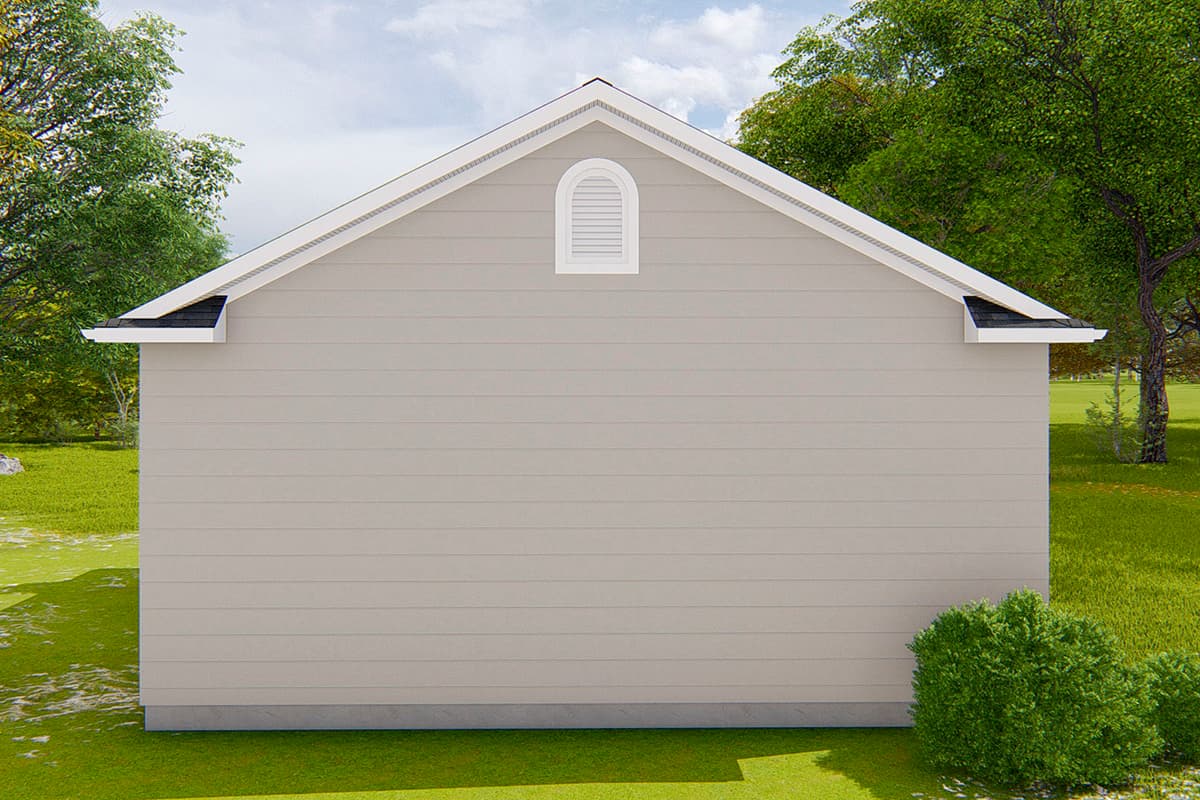House plan exterior with horizontal siding, gable end, and arched louvered vent.