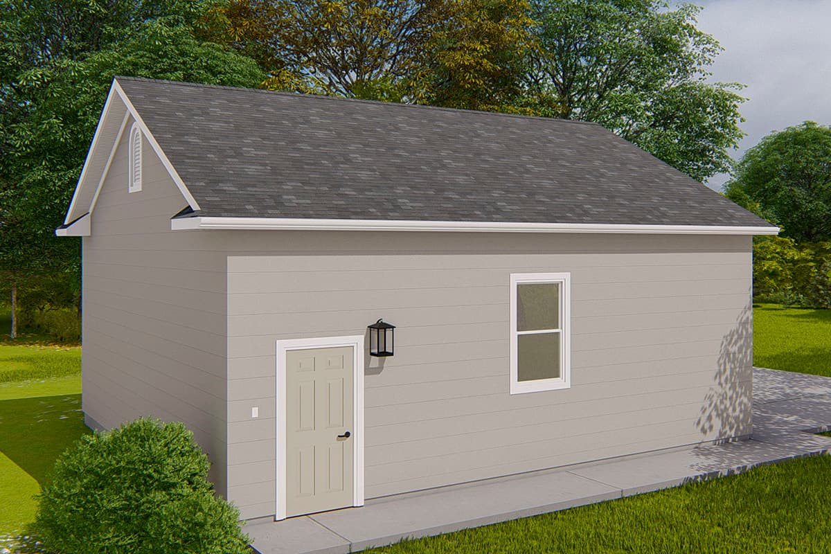House plan exterior: Gable roof, horizontal siding, one-story structure with a single entry door and one window.