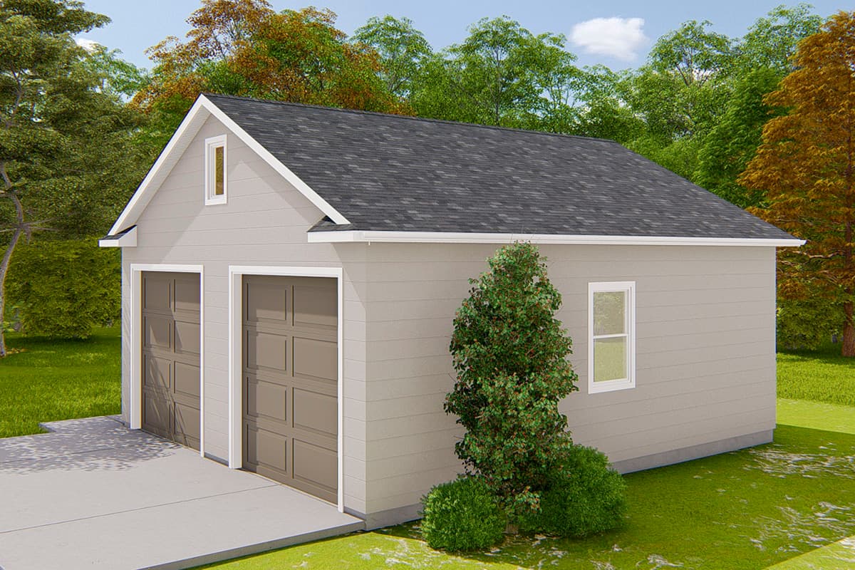 House plan exterior: A two-story garage with two garage doors, gable end, and a single window on the gable.