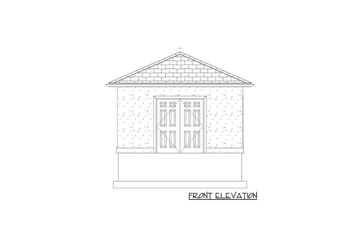 Front elevation drawing of a building with double doors, a shingled gable roof, and patterned siding.