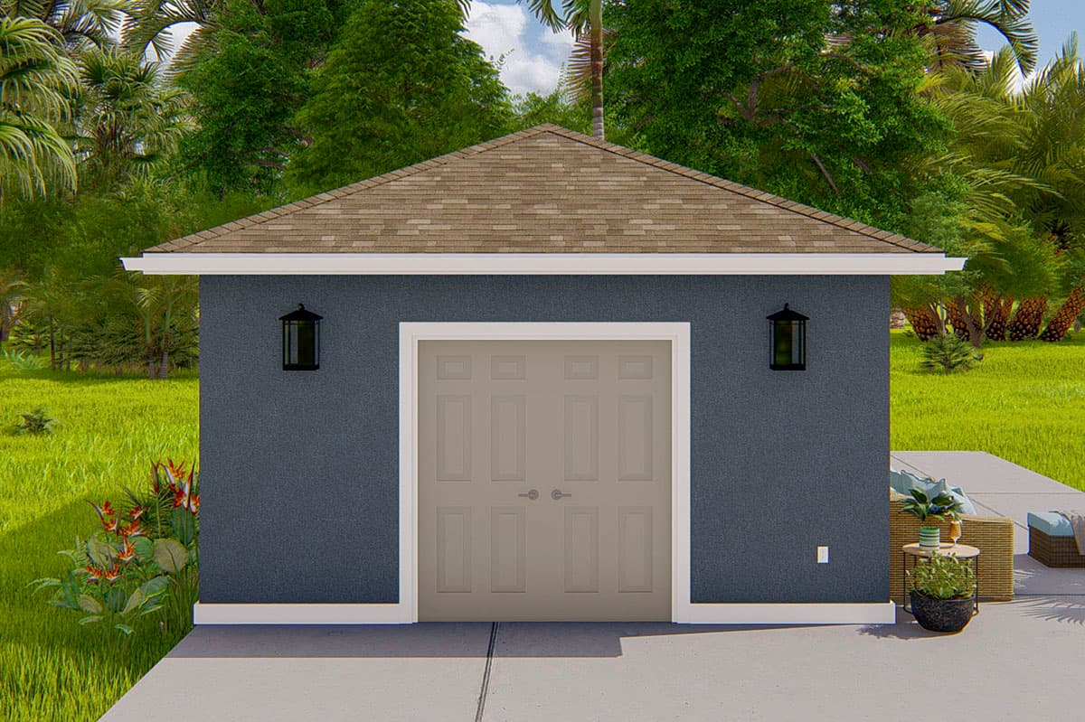 House plan exterior with gable roof, double door garage, and two exterior wall sconces. Blue textured exterior.