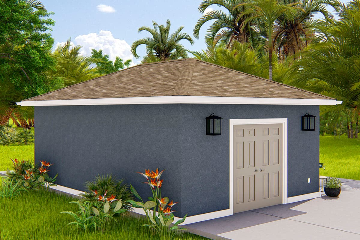 House plan exterior: Single-story structure with a gable roof, double doors, and two side lanterns.