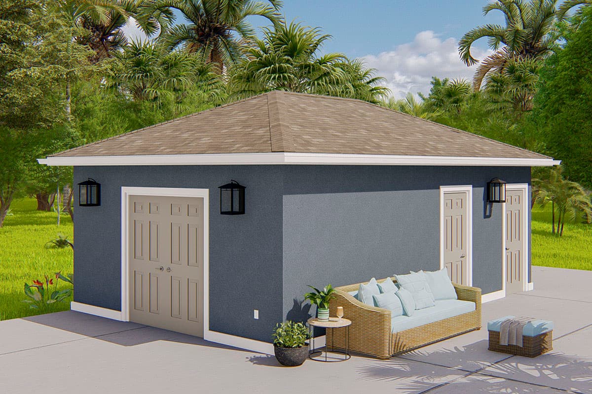 House plan exterior rendering of a single-story building with a double garage door, one single door, and two wall lanterns.