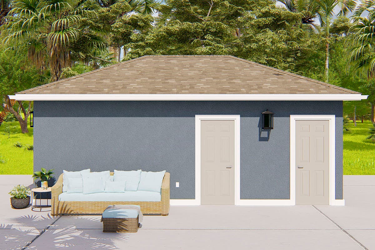 House plan exterior rendering: One-story building with a gable roof, two doors, and an outdoor seating area.