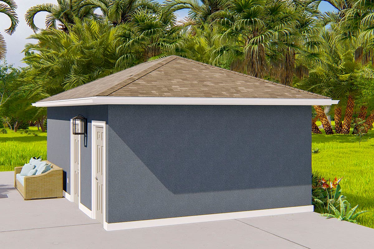 House plan exterior: One-story structure with pitched roof, two front doors, and an outdoor lantern.