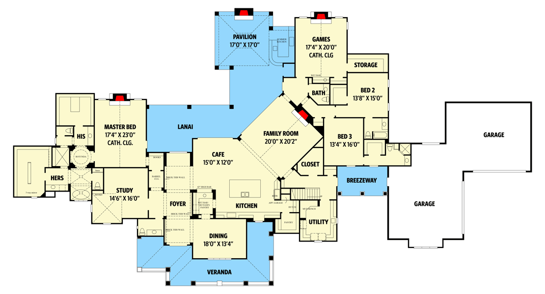 Plan 67130GL: Spacious Hill Country House Plan with Game Room and Large Lanai - Floor Plan - Main Level - Farmhouse, Hill Country, New American, Ranch, Rustic