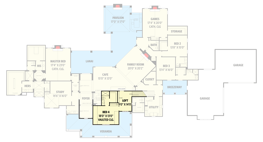 Plan 67130GL: Spacious Hill Country House Plan with Game Room and Large Lanai - Floor Plan - 2nd Floor - Farmhouse, Hill Country, New American, Ranch, Rustic
