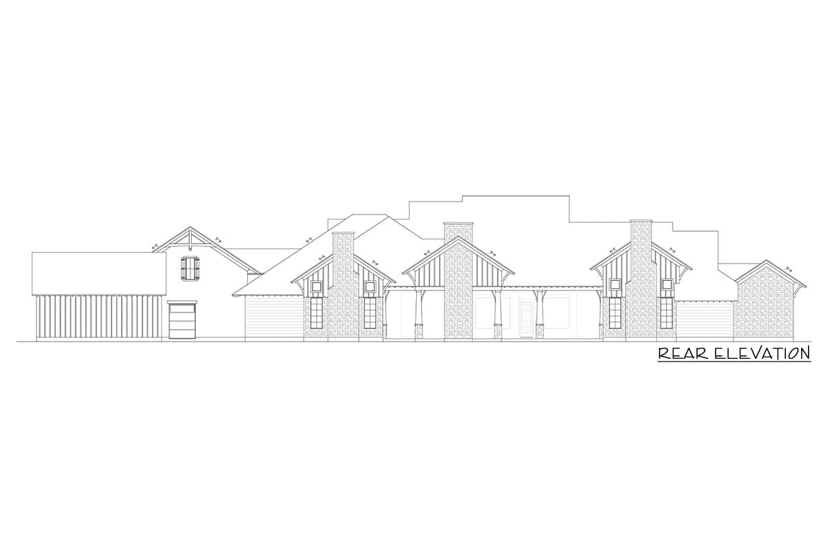 Rear elevation house plan with multiple gables, stone chimneys, covered porch, and attached garage.