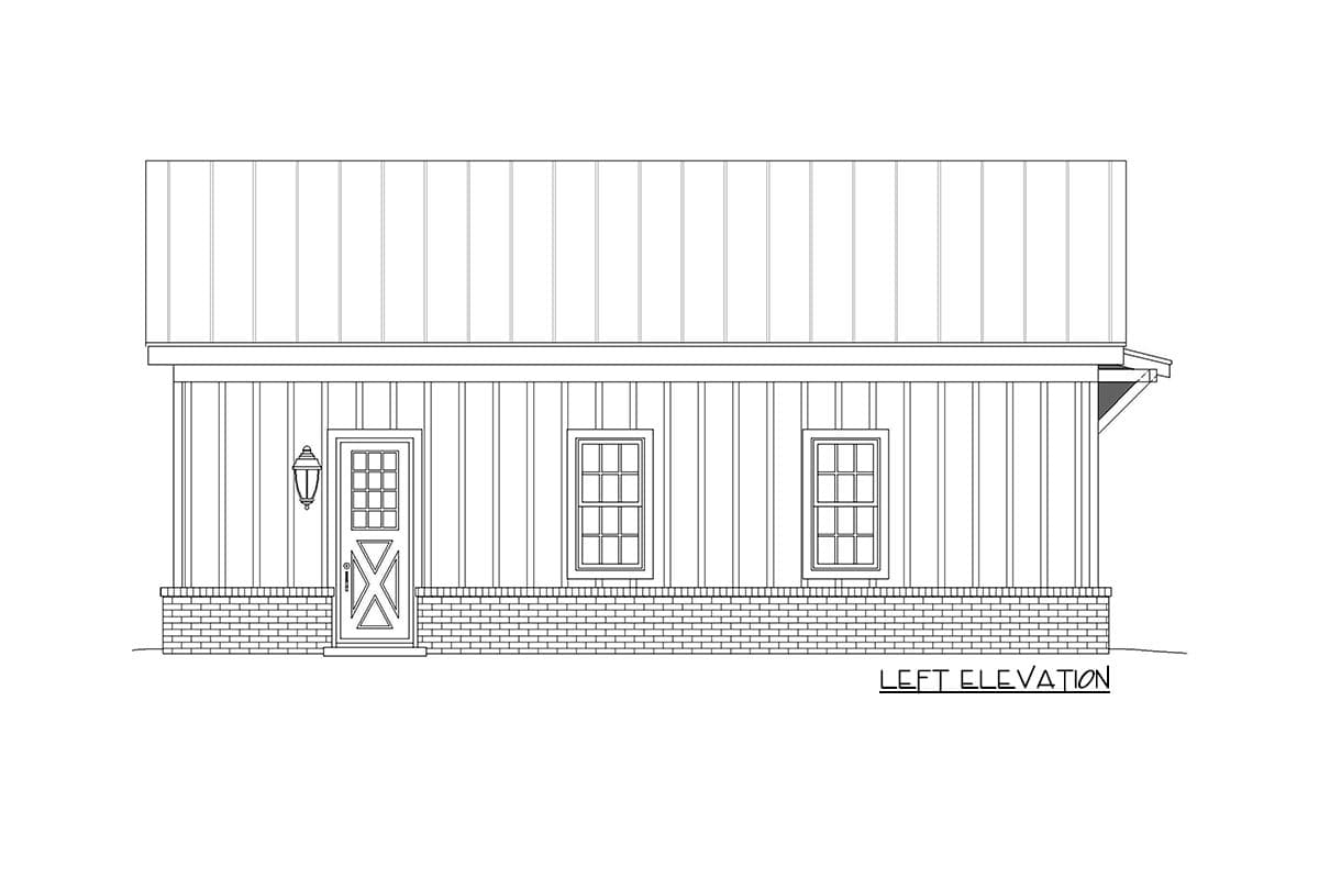 Left elevation drawing of house plan with vertical siding, brick foundation, metal roof, one door, and two windows.