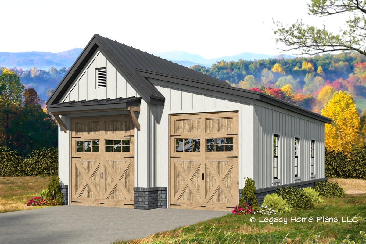 House plan exterior rendering. Modern farmhouse style with a gable roof, two garage doors, and a shed-roof entry porch. Includes vertical siding.