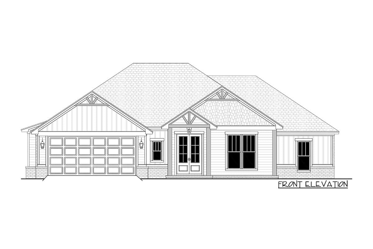 Front elevation of a single-story house plan with a multi-panel garage door, double entry doors, gabled dormers, and varied siding.