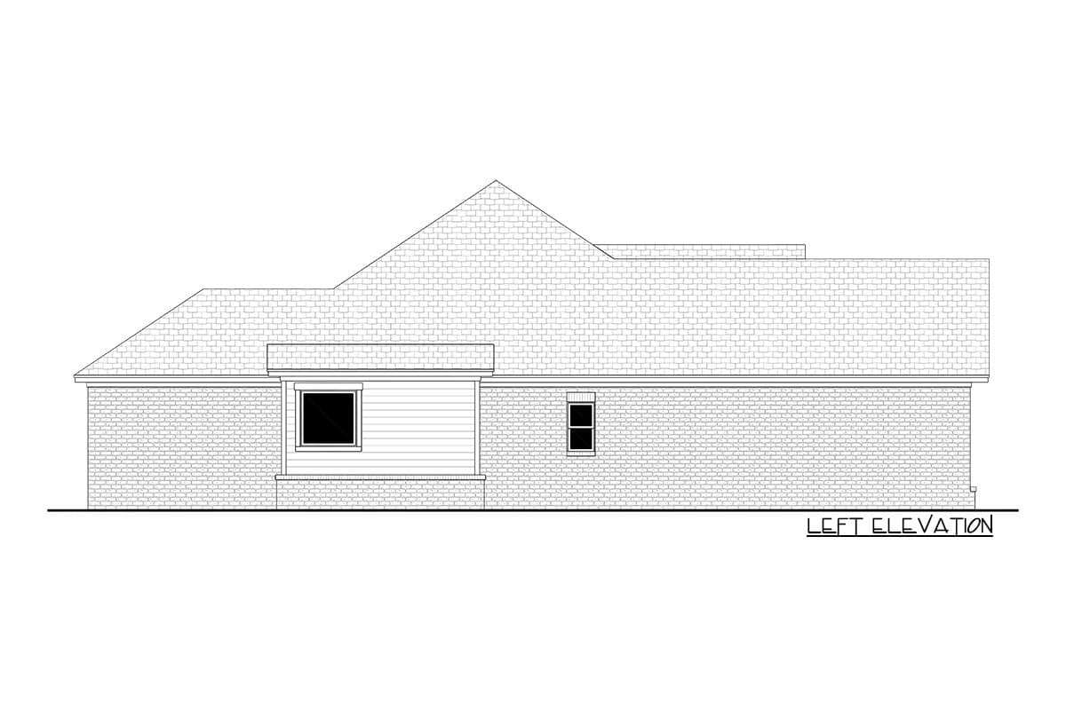 House plan left elevation drawing showing brick and siding, a prominent gable, and two windows.