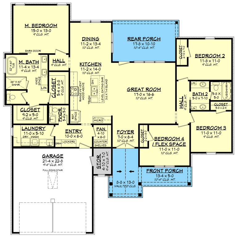 Plan 51910HZ: 4-Bed Country Craftsman House Plan with Flex Room - Floor Plan - Main Level - Country, Craftsman, Northwest, Ranch, Rustic, Traditional