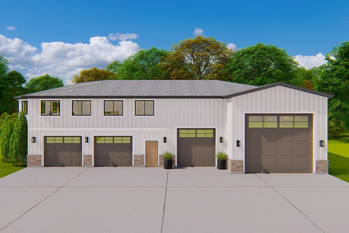 House plan exterior. Two-story structure with a metal roof, three garage bays with individual overhead doors, and second-floor windows.