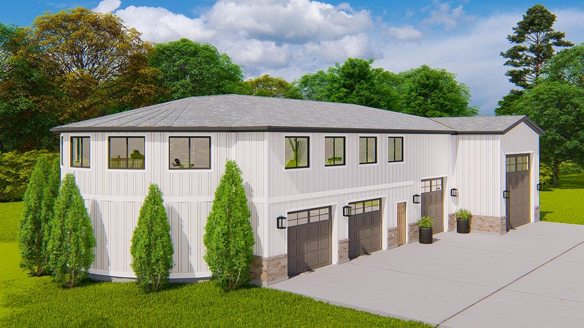 House plan exterior with four garage bays, upper-level windows, and a gambrel-style roof. Features vertical siding and stone accents.