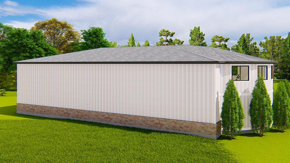 House plan exterior view: modern style, white vertical siding, brick foundation, and asphalt shingle roof.