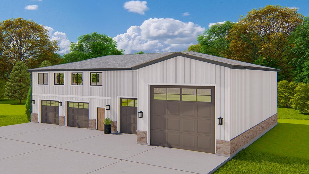 House plan exterior: Modern two-story building with four garage doors, upper-level windows, vertical siding, and stone base.