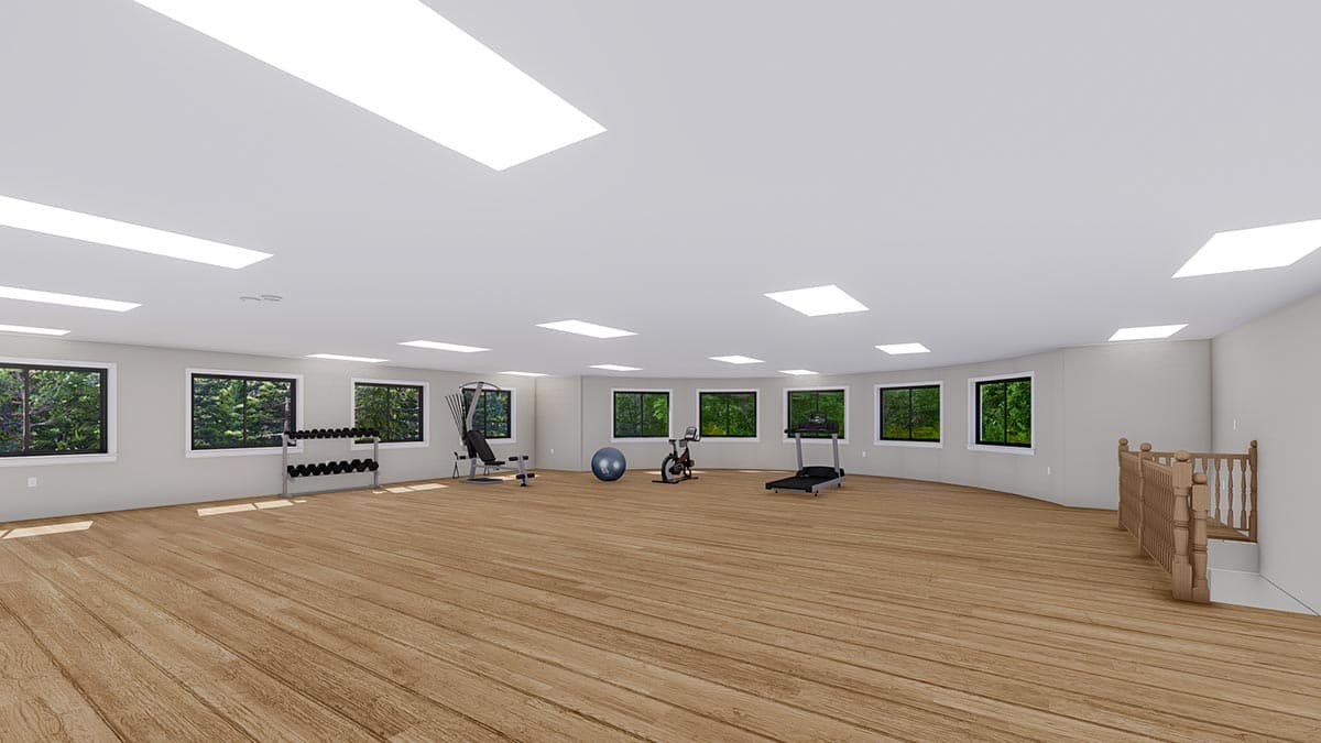 Interior rendering of a home gym with wood floors, multiple windows, weight rack, exercise equipment, and a staircase.