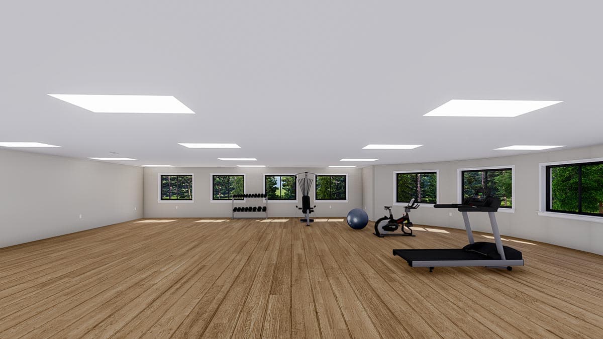 Interior rendering of a spacious home gym with treadmill, stationary bike, weight rack, and large windows.