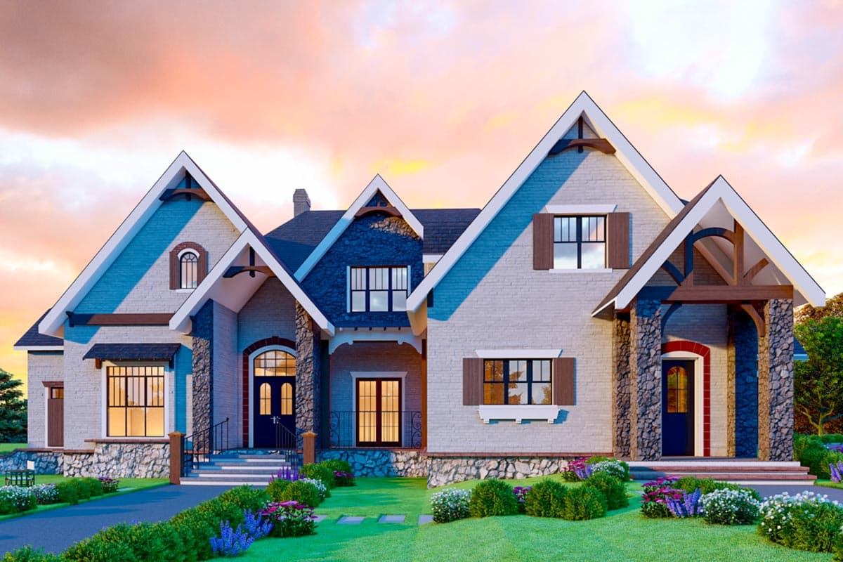 House plan exterior with multiple gables, stone accents, and front porch with arched entryway. Two-story home with dormers and brick siding.